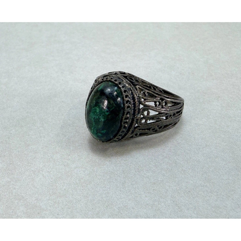 Vintage Mexican Sterling Silver Green Stone Filigree Statement Ring Size 8